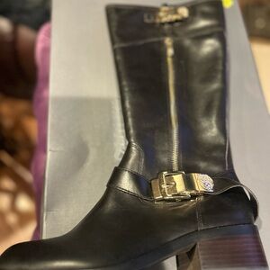 Vince Camuto Black Leather Heeled Boots with Gold Hardware Accents